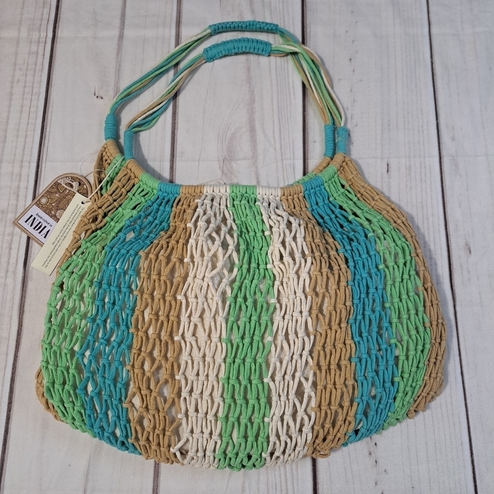 NWT VIRAL Made In India Crochet Knit Macrame Beach Bag Brown Green Blue Tan